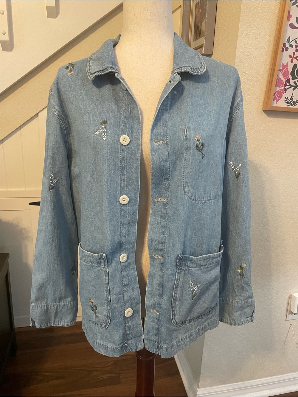 AG Jeans Everlee Embroidered Flower Garden Denim Chore Jacket Light Wash S